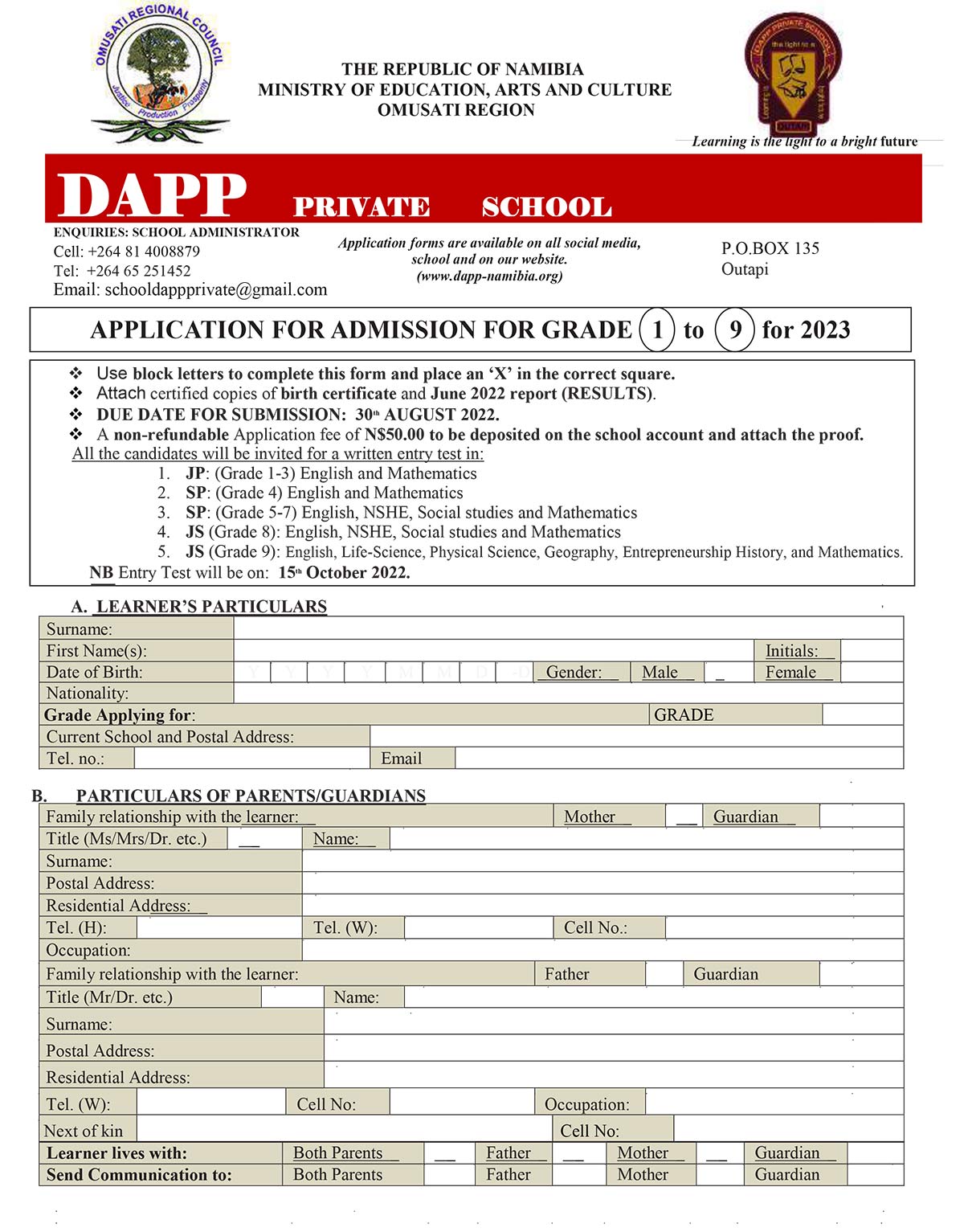 DAPP Private School Application Form for 2023 web 1