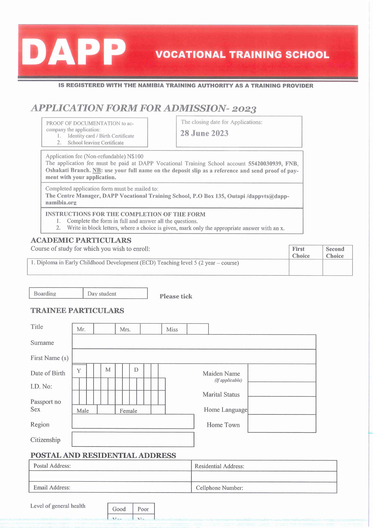 DAPP VTS Application Form 2023
