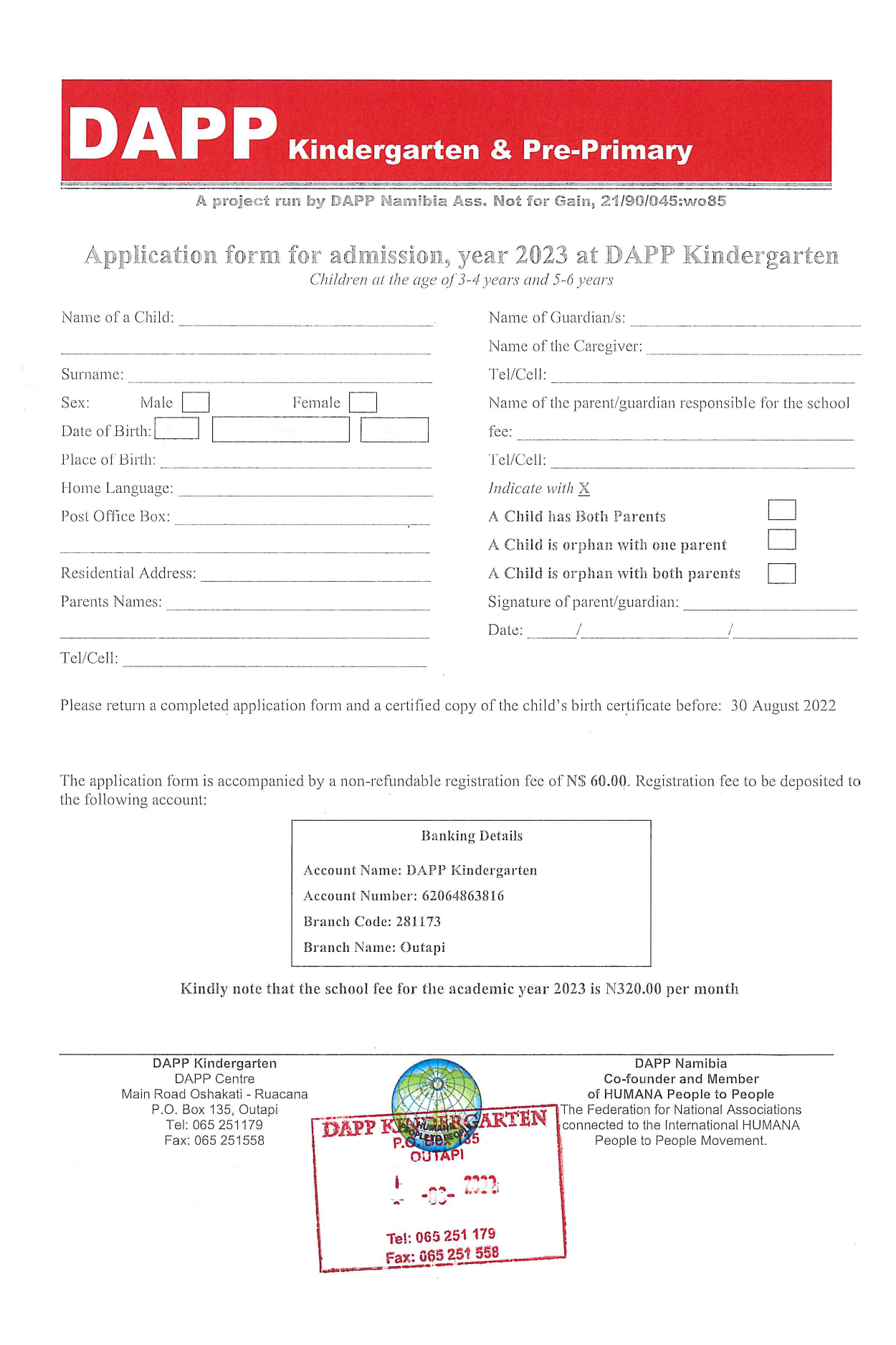 2023 DAPP KINDERGARTEN APPLICATION FORM