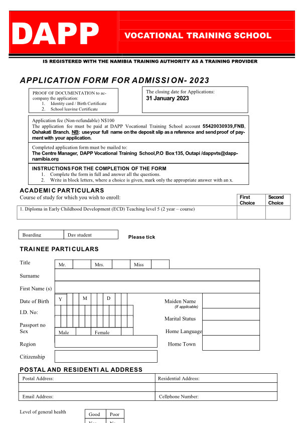 DAPP APPLICATION FORM VOCATIONAL TRAINING SCHOOL 2023